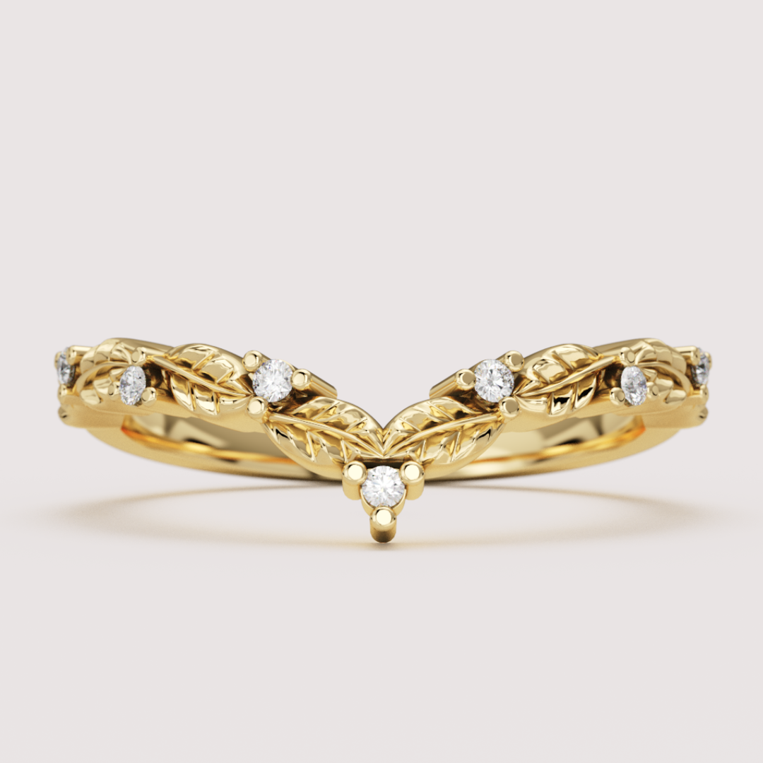 Isadora - Floral Leaf Patterned Diamond Set Wishbone Wedding Ring - Made-to-Order Wedding Rings - Made-to-Order