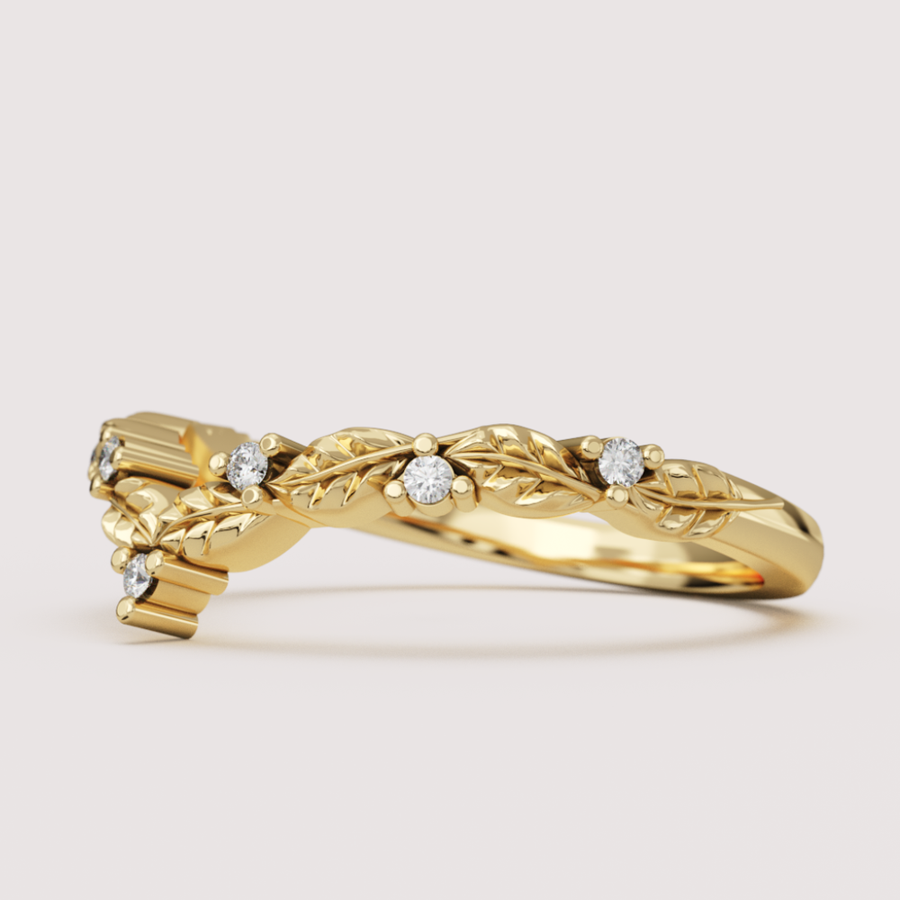 Isadora - Floral Leaf Patterned Diamond Set Wishbone Wedding Ring - Made-to-Order Wedding Rings - Made-to-Order