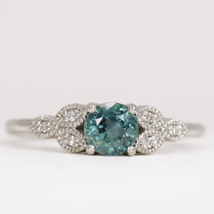 Juliet - Round Teal Sapphire Leaf Detail Engagement Ring - Ready-To-Wear