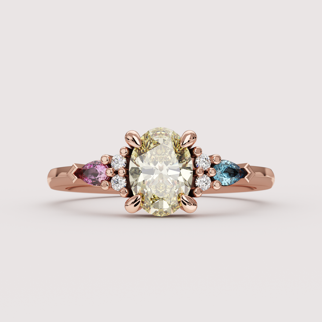 Janelle - Pansexual Flag Inspired Oval Yellow Diamond, Pink &amp; Blue Sapphire Cluster Engagement or Dress Ring
