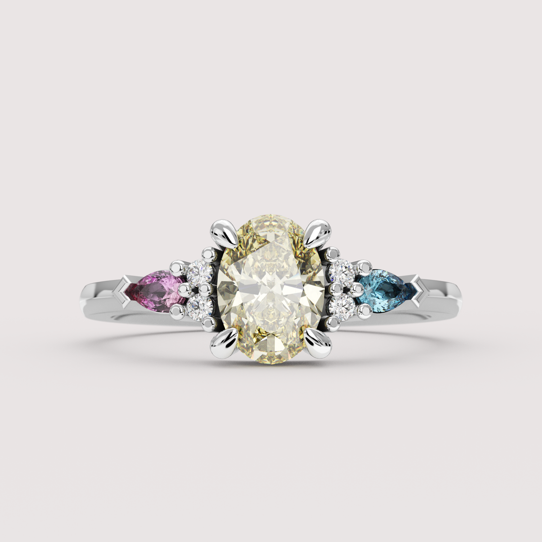 Janelle - Pansexual Flag Inspired Oval Yellow Diamond, Pink &amp; Blue Sapphire Cluster Engagement or Dress Ring