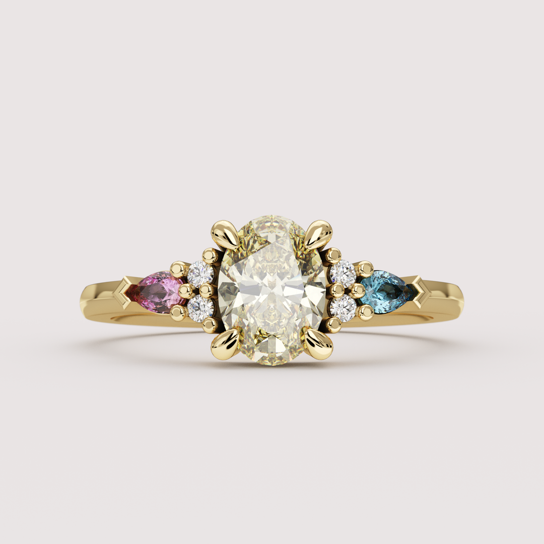 Janelle - Pansexual Flag Inspired Oval Yellow Diamond, Pink &amp; Blue Sapphire Cluster Engagement or Dress Ring