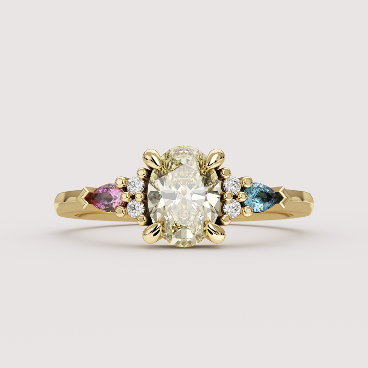 Janelle - Pansexual Flag Inspired Oval Yellow Diamond, Pink &amp; Blue Sapphire Cluster Engagement or Dress Ring