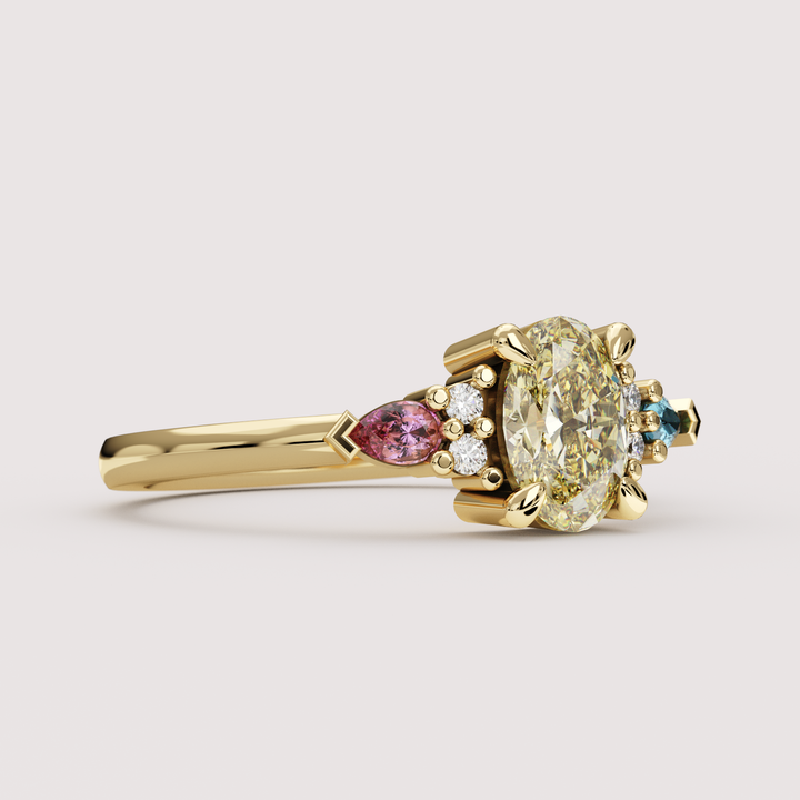 Janelle - Pansexual Flag Inspired Oval Yellow Diamond, Pink &amp; Blue Sapphire Cluster Engagement or Dress Ring
