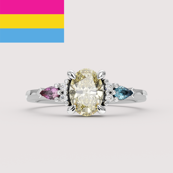 Janelle - Pansexual Flag Inspired Oval Yellow Diamond, Pink &amp; Blue Sapphire Cluster Engagement or Dress Ring