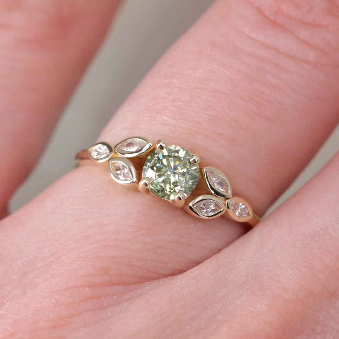 Juliet - Round Green Diamond Leaf Detail Engagement Ring - Ready-to-Wear Engagement Rings - Ready-to-Ship