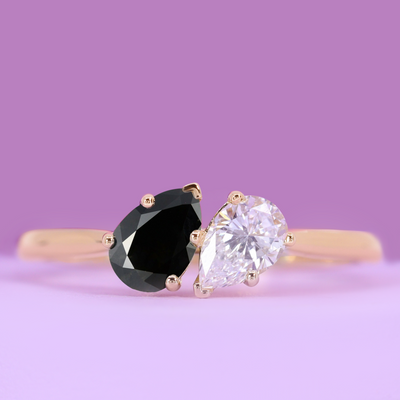 Juno - Teardrop/Pear Cut Black Diamond and Lab or Earth Grown Diamond Toi et Moi Style Ring - Custom Made-to-Order Design