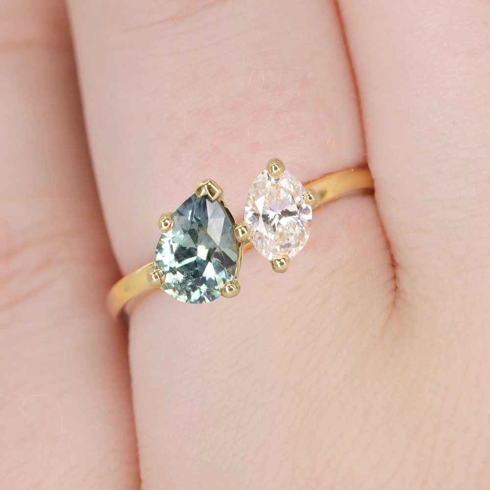 Juno - Teardrop/Pear Cut Teal Sapphire and Oval Diamond Toi et Moi Engagement Ring Engagement Rings - Price On Application