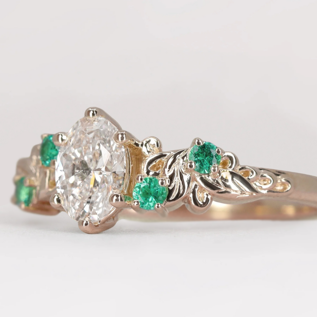 Laurel - Oval Lab Grown Diamond and Emerald Leaf/Vine Detail Engagement Ring