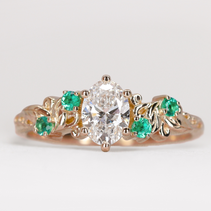 Laurel - Oval Lab Grown Diamond and Emerald Leaf/Vine Detail Engagement Ring