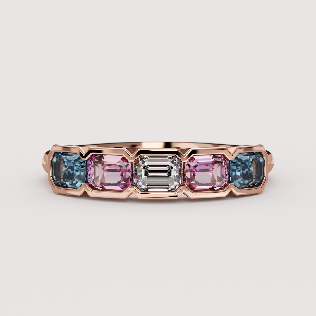 Laverne - Transgender Flag Inspired Lab Grown Diamond, Pink Sapphire and Blue Sapphire Eternity Style Dress Ring