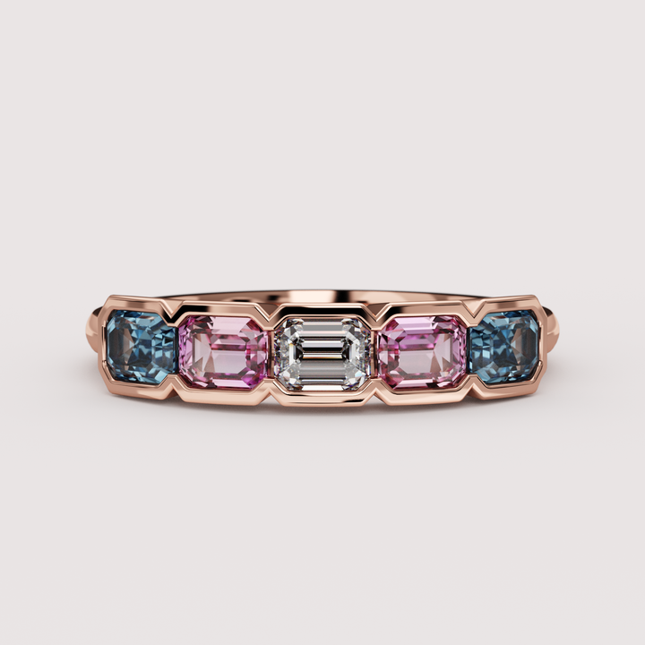 Laverne - Transgender Flag Inspired Lab Grown Diamond, Pink Sapphire and Blue Sapphire Eternity Style Dress Ring