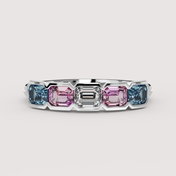 Laverne - Transgender Flag Inspired Lab Grown Diamond, Pink Sapphire and Blue Sapphire Eternity Style Dress Ring