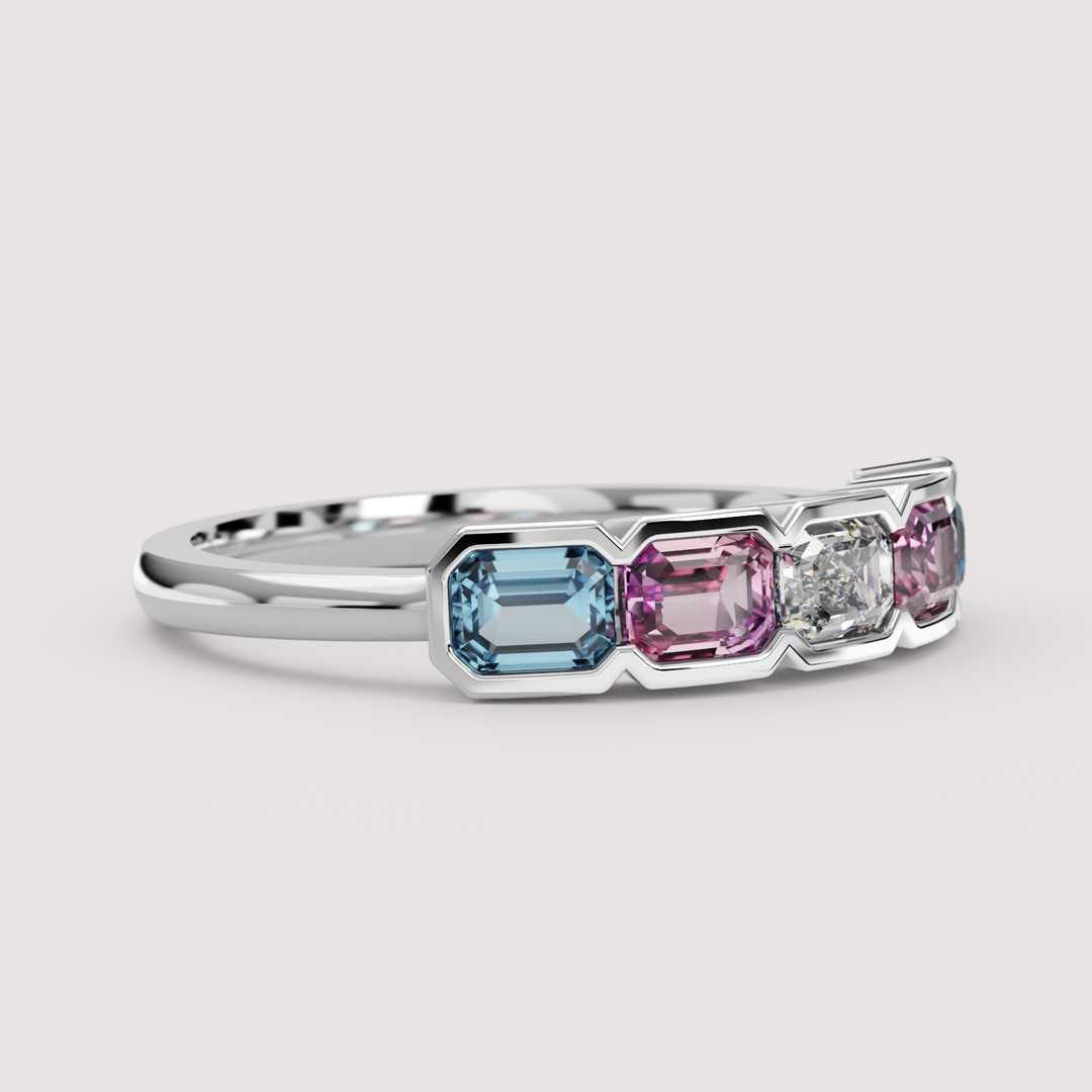 Laverne - Transgender Flag Inspired Lab Grown Diamond, Pink Sapphire and Blue Sapphire Eternity Style Dress Ring