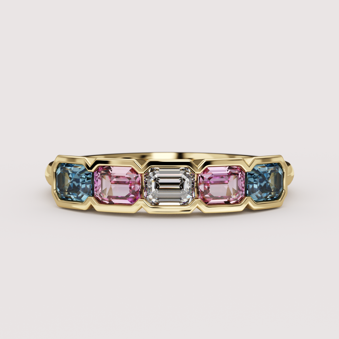 Laverne - Transgender Flag Inspired Lab Grown Diamond, Pink Sapphire and Blue Sapphire Eternity Style Dress Ring