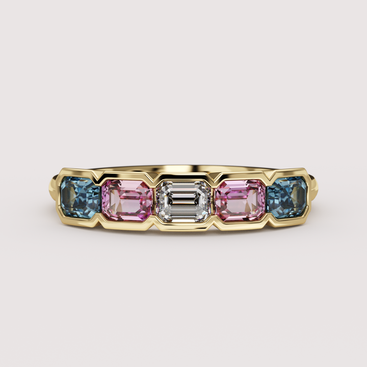 Laverne - Transgender Flag Inspired Lab Grown Diamond, Pink Sapphire and Blue Sapphire Eternity Style Dress Ring