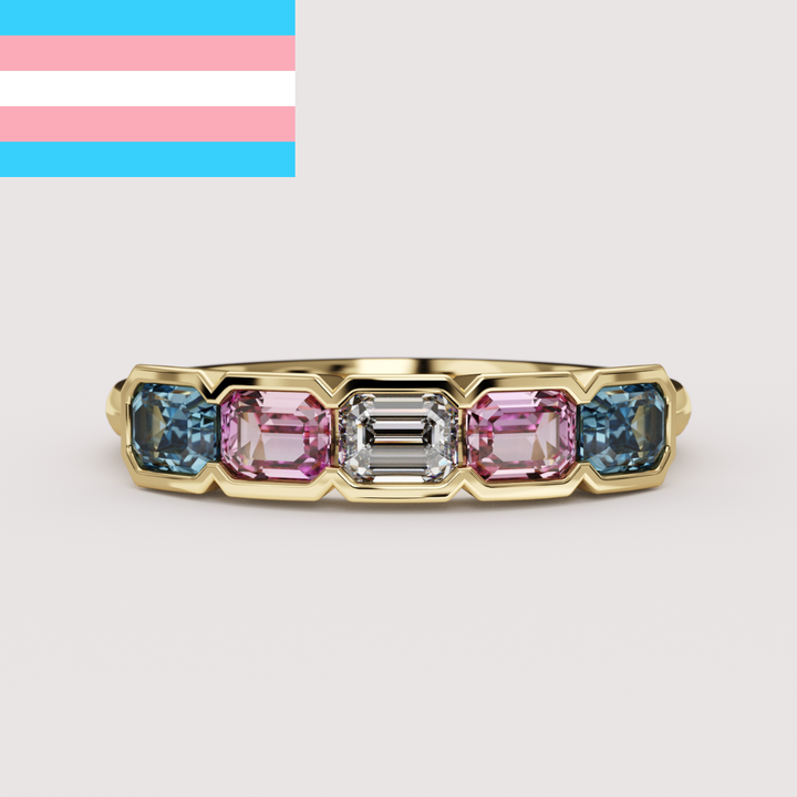 Laverne - Transgender Flag Inspired Lab Grown Diamond, Pink Sapphire and Blue Sapphire Eternity Style Dress Ring