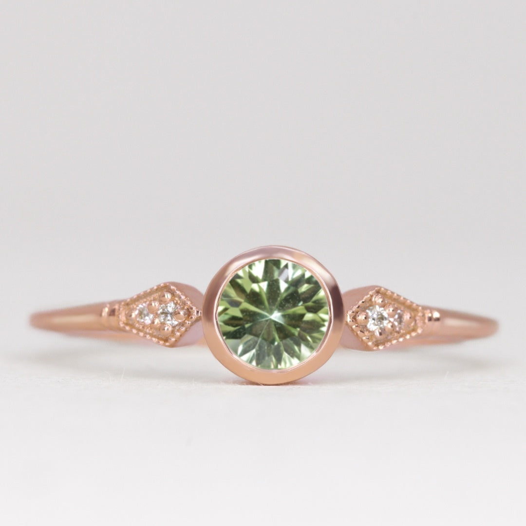 Lola - Round Optix Cut Green Tourmaline and Diamond Art Deco Made-to-Order Engagement Ring Engagement Rings - Made-to-Order