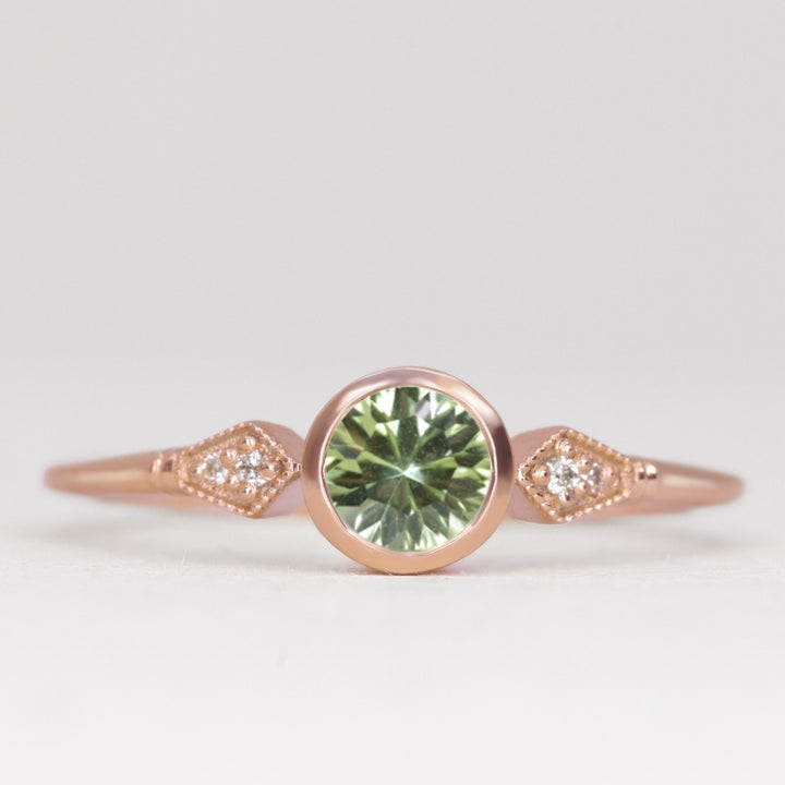 Lola - Round Optix Cut Green Tourmaline and Diamond Art Deco Made-to-Order Engagement Ring Engagement Rings - Made-to-Order