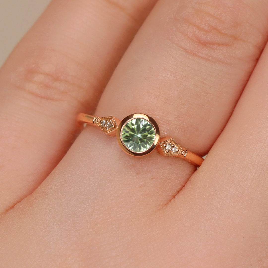 Lola - Round Optix Cut Green Tourmaline and Diamond Art Deco Made-to-Order Engagement Ring Engagement Rings - Made-to-Order
