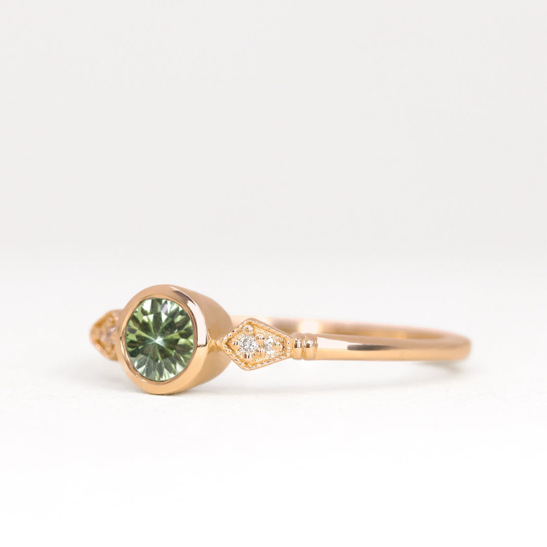 Lola - Round Optix Cut Green Tourmaline and Diamond Art Deco Made-to-Order Engagement Ring Engagement Rings - Made-to-Order