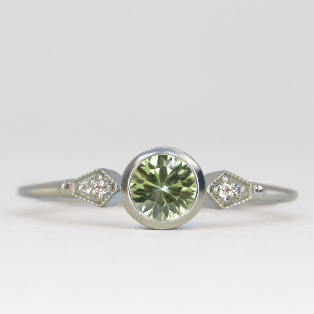 Lola - Round Optix Cut Green Tourmaline and Diamond Art Deco Made-to-Order Engagement Ring Engagement Rings - Made-to-Order