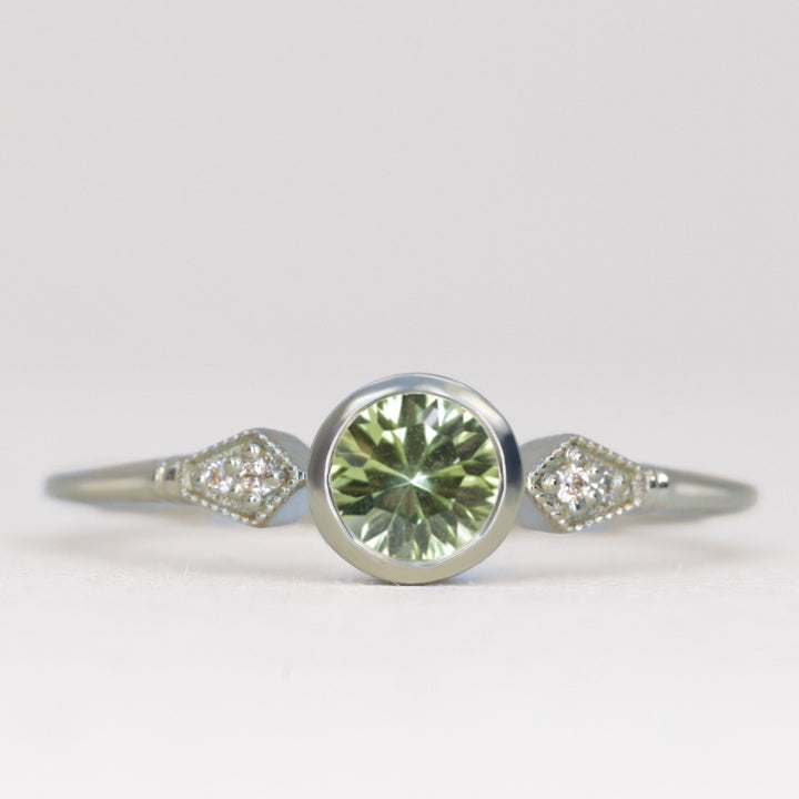 Lola - Round Optix Cut Green Tourmaline and Diamond Art Deco Made-to-Order Engagement Ring Engagement Rings - Made-to-Order