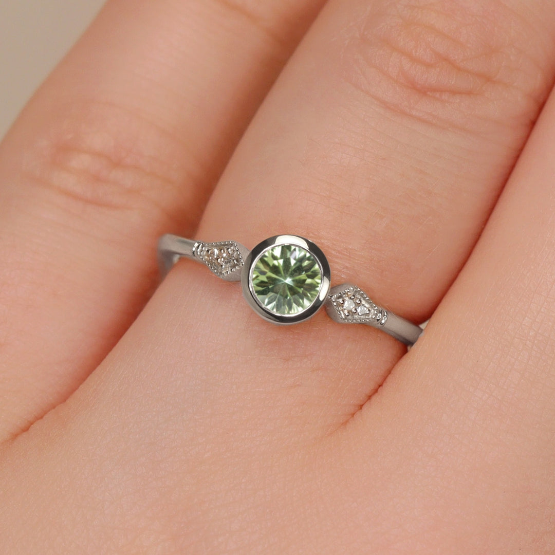 Lola - Round Optix Cut Green Tourmaline and Diamond Art Deco Made-to-Order Engagement Ring Engagement Rings - Made-to-Order