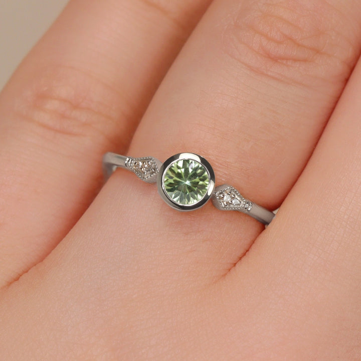 Lola - Round Optix Cut Green Tourmaline and Diamond Art Deco Made-to-Order Engagement Ring Engagement Rings - Made-to-Order