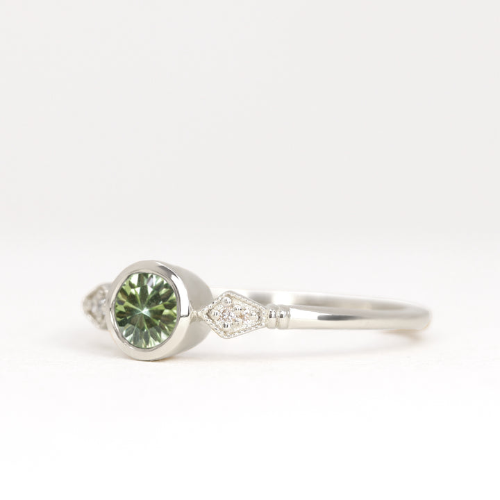 Lola - Round Optix Cut Green Tourmaline and Diamond Art Deco Made-to-Order Engagement Ring Engagement Rings - Made-to-Order