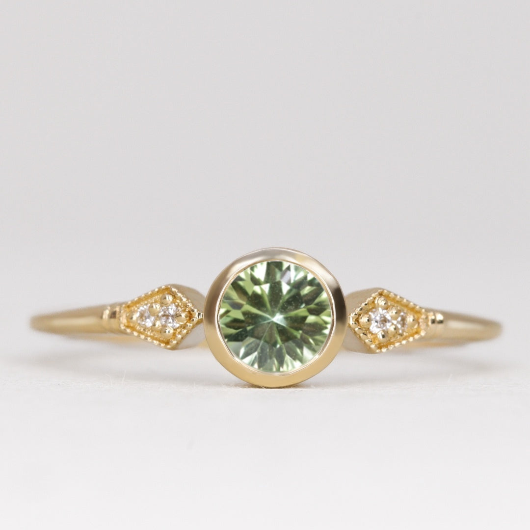 Lola - Round Optix Cut Green Tourmaline and Diamond Art Deco Made-to-Order Engagement Ring Engagement Rings - Made-to-Order