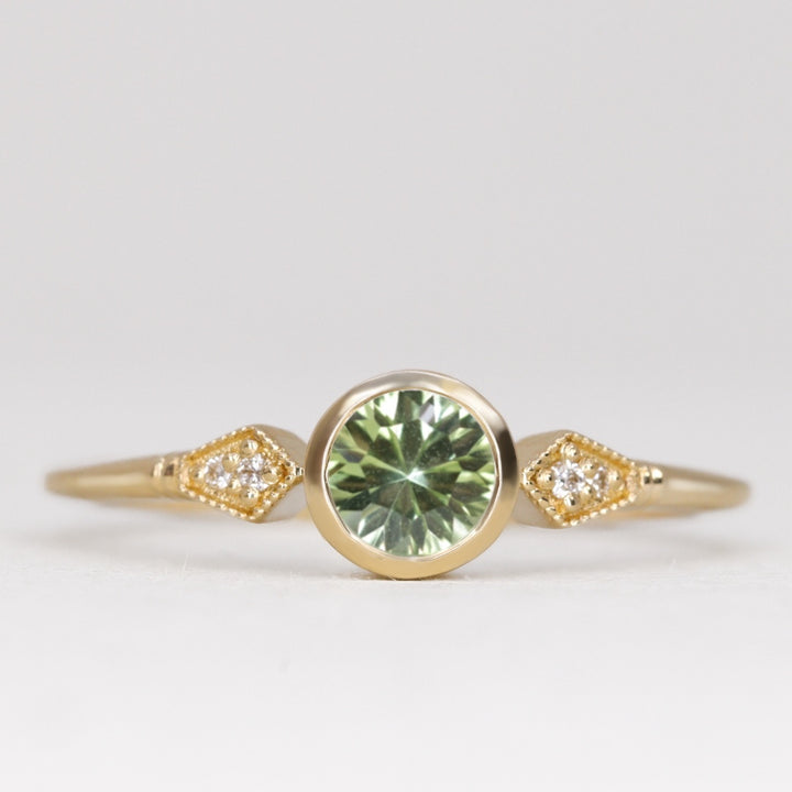 Lola - Round Optix Cut Green Tourmaline and Diamond Art Deco Made-to-Order Engagement Ring Engagement Rings - Made-to-Order