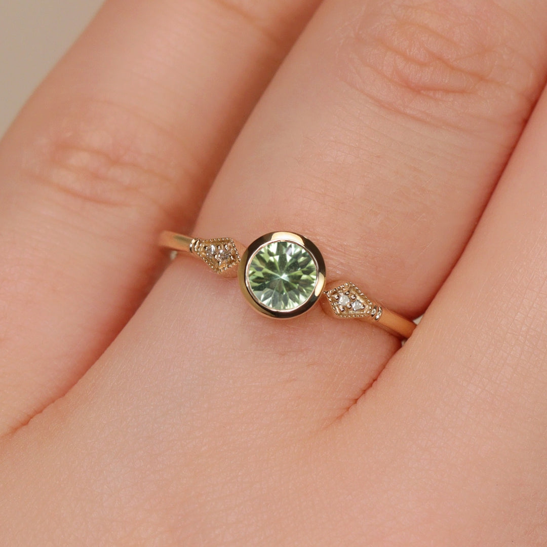 Lola - Round Optix Cut Green Tourmaline and Diamond Art Deco Made-to-Order Engagement Ring Engagement Rings - Made-to-Order