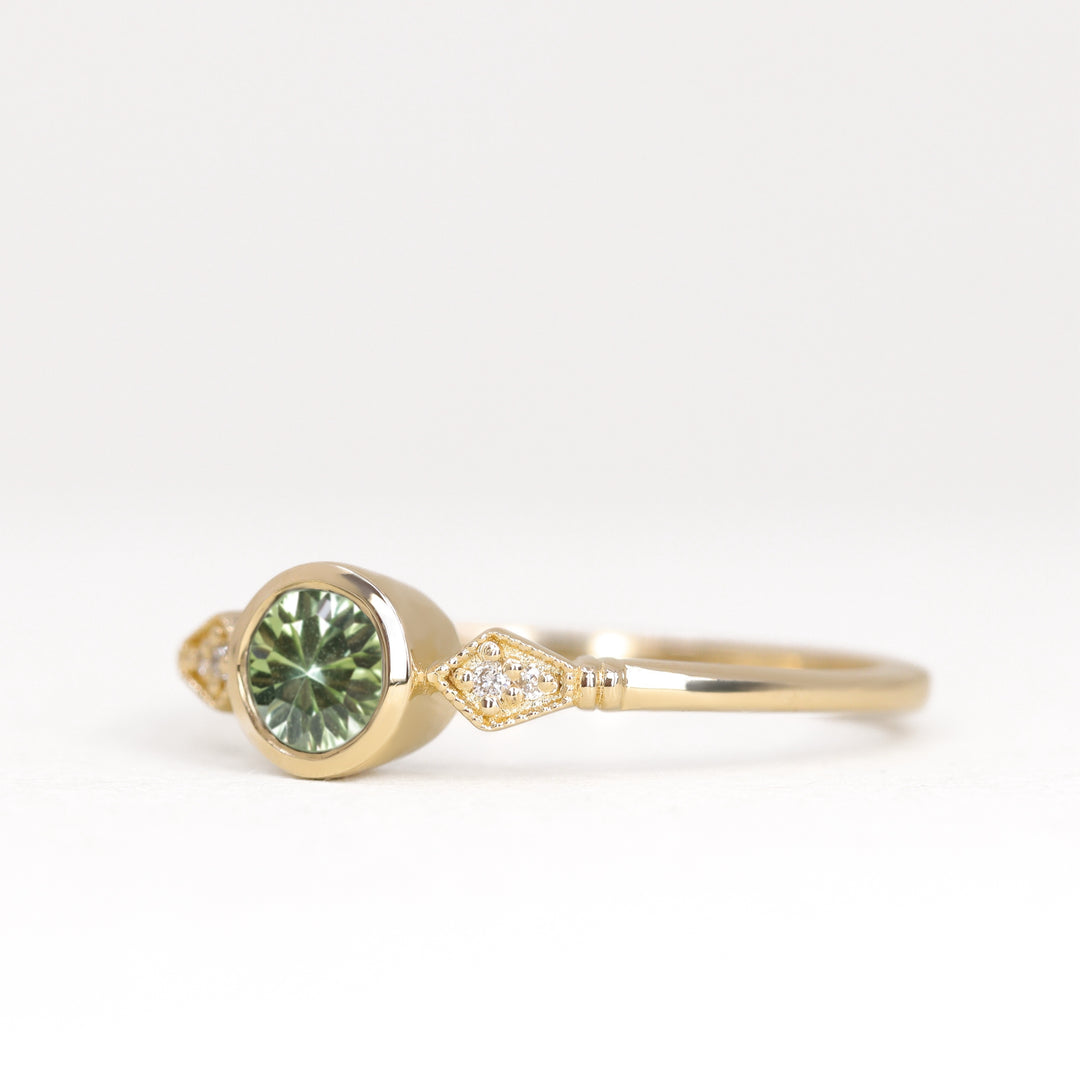 Lola - Round Optix Cut Green Tourmaline and Diamond Art Deco Made-to-Order Engagement Ring Engagement Rings - Made-to-Order