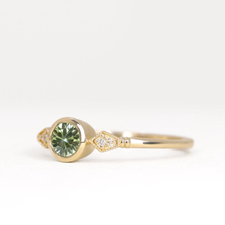 Lola - Round Optix Cut Green Tourmaline and Diamond Art Deco Made-to-Order Engagement Ring Engagement Rings - Made-to-Order