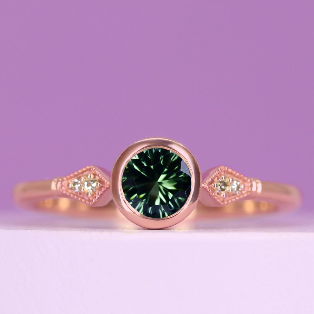 Lola - Round Optix Cut Green Tourmaline Art Deco Engagement Ring