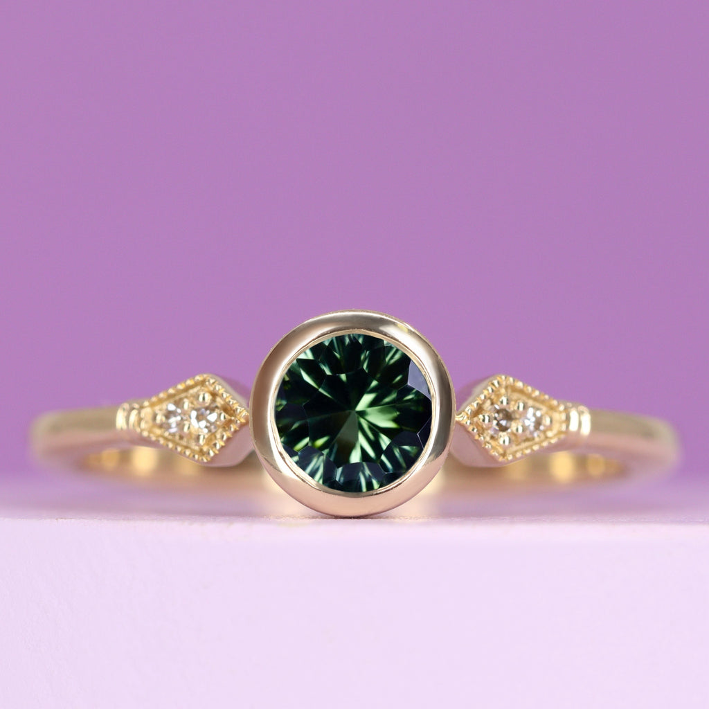 Lola - Round Optix Cut Green Tourmaline Art Deco Engagement Ring