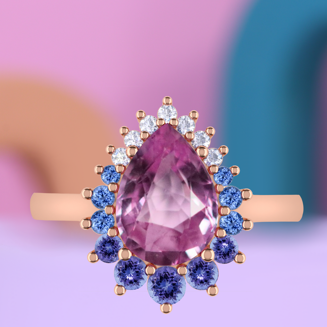 Stella - The Taylor Collection - Pear Shaped Pink Sapphire with Graduated Ombre Sapphire, Tanzanite and Diamond Halo - Made-to-Order