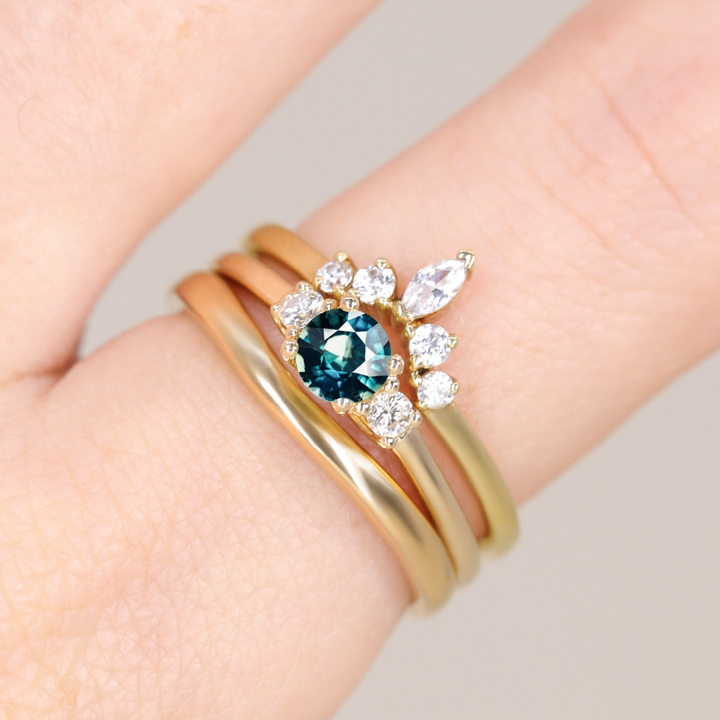 Millie - Round Brilliant Cut Teal Sapphire and Diamond Trilogy Engagement Ring