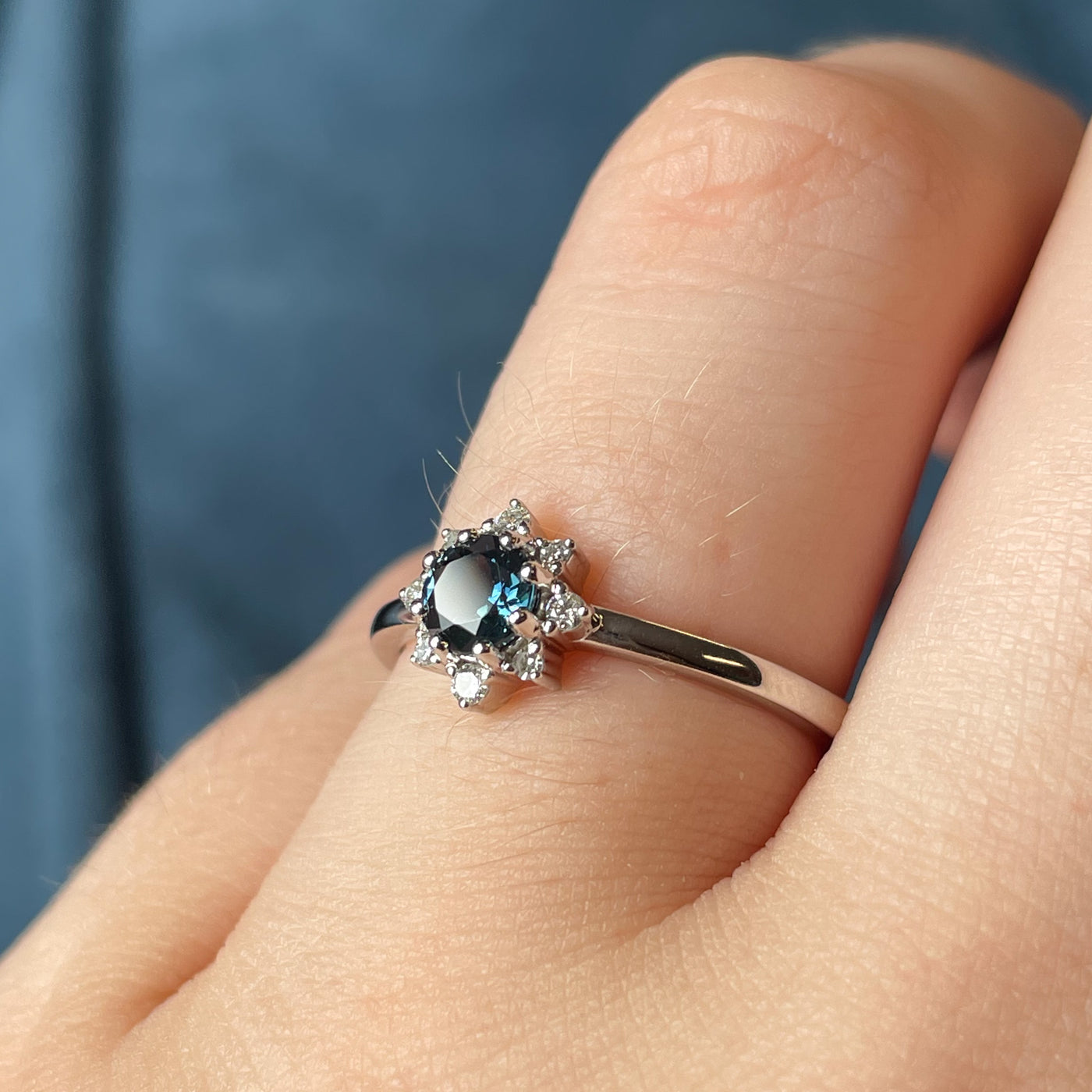 Mabel - Dainty Deco Collection - Round Cut Blue Sapphire with Lab Grown Diamond Halo Engagement Ring - Made-To-Order