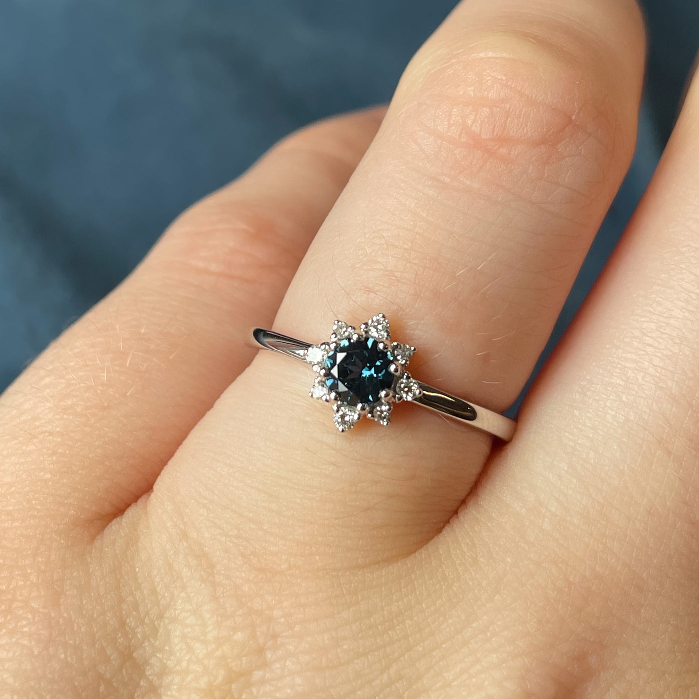 Mabel - Dainty Deco Collection - Round Cut Blue Sapphire with Lab Grown Diamond Halo Engagement Ring - Made-To-Order