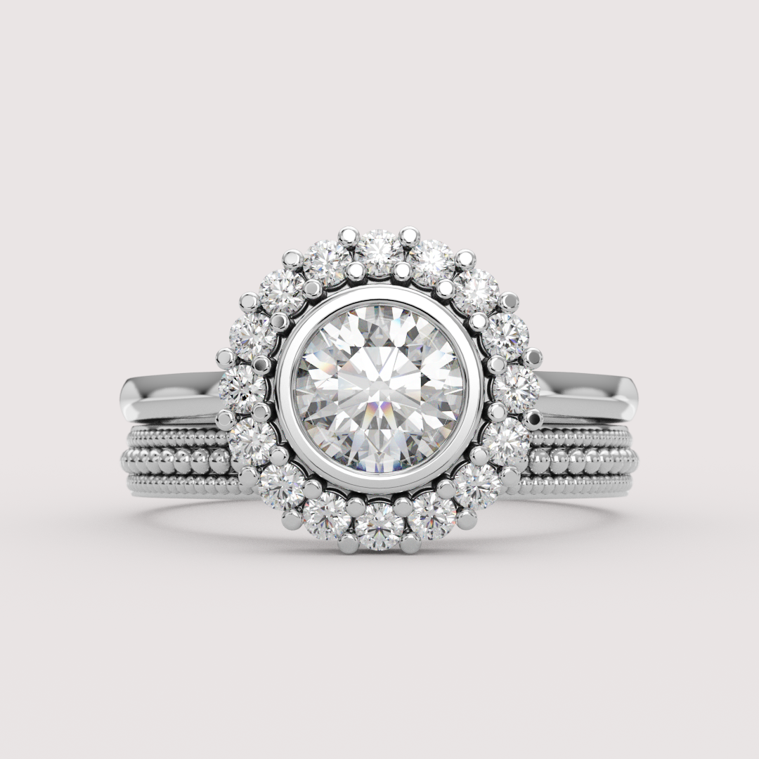 Maisie - Round Lab Grown Diamond or Moissanite Bezel Set Halo Made-to-Order Engagement Ring Engagement Rings - Made-to-Order