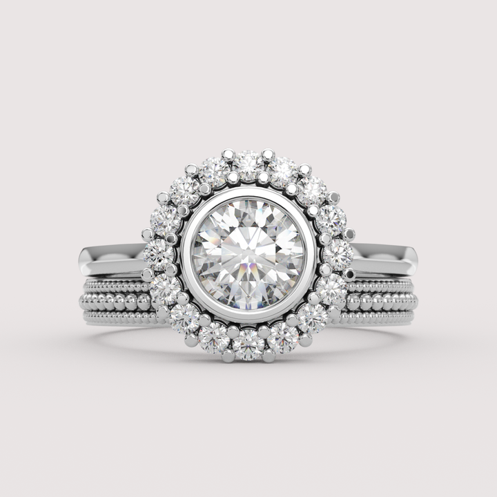 Maisie - Round Lab Grown Diamond or Moissanite Bezel Set Halo Made-to-Order Engagement Ring Engagement Rings - Made-to-Order