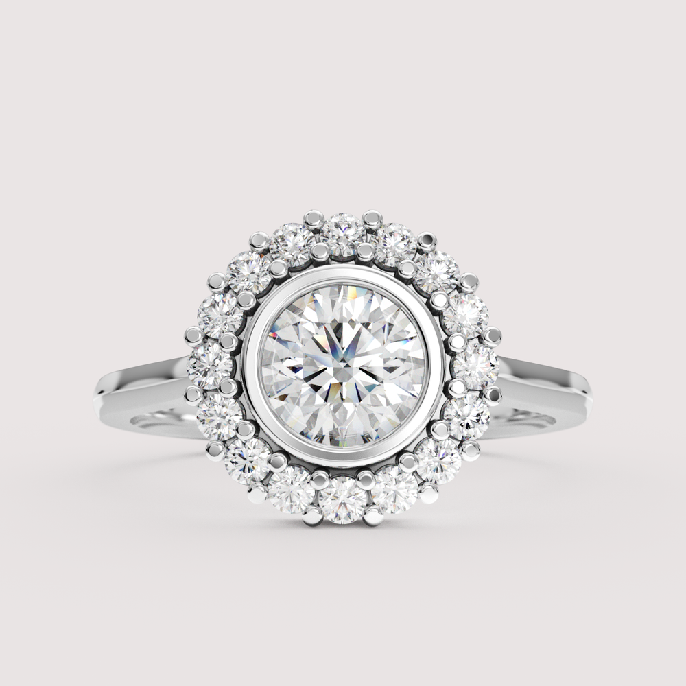 Maisie - Round Lab Grown Diamond or Moissanite Bezel Set Halo Made-to-Order Engagement Ring Engagement Rings - Made-to-Order
