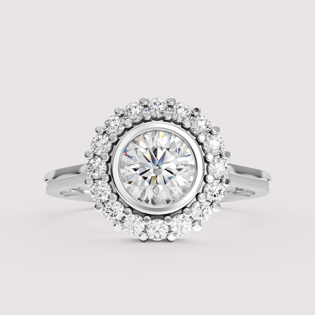 Maisie - Round Lab Grown Diamond or Moissanite Bezel Set Halo Made-to-Order Engagement Ring Engagement Rings - Made-to-Order