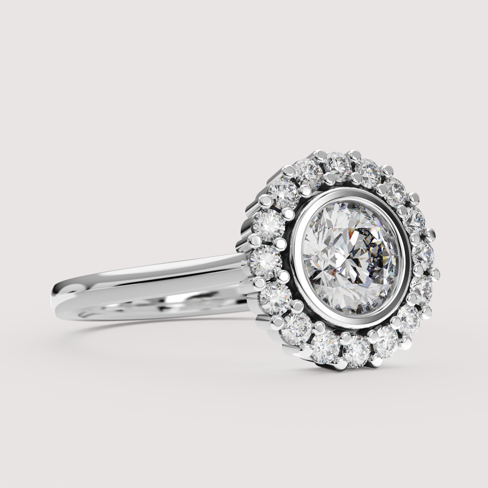 Maisie - Round Lab Grown Diamond or Moissanite Bezel Set Halo Made-to-Order Engagement Ring Engagement Rings - Made-to-Order