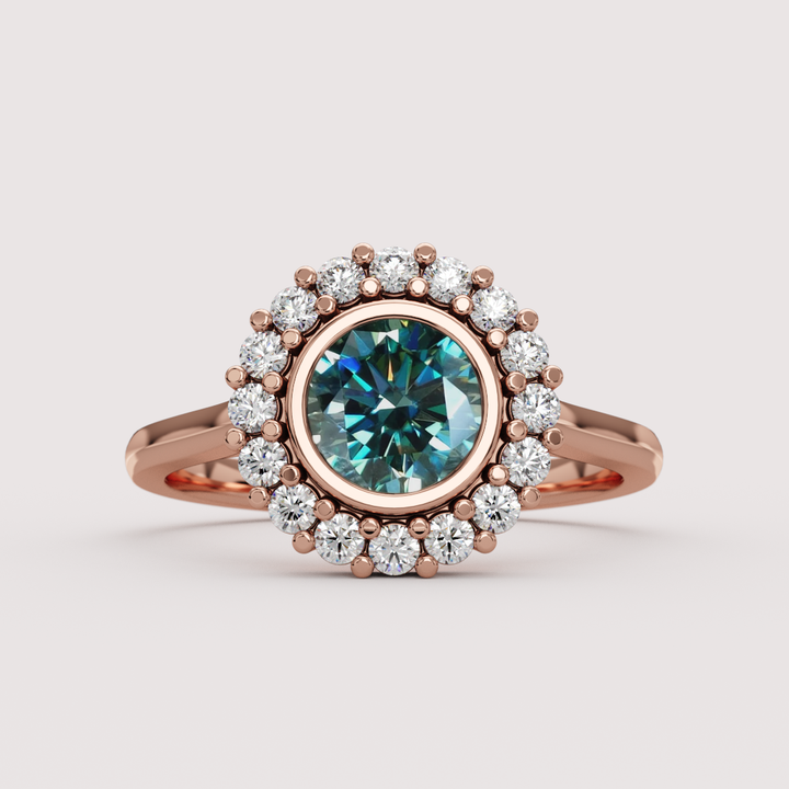Maisie - Round Teal Moissanite Bezel Set Halo Made-to-Order Engagement Ring Engagement Rings - Made-to-Order