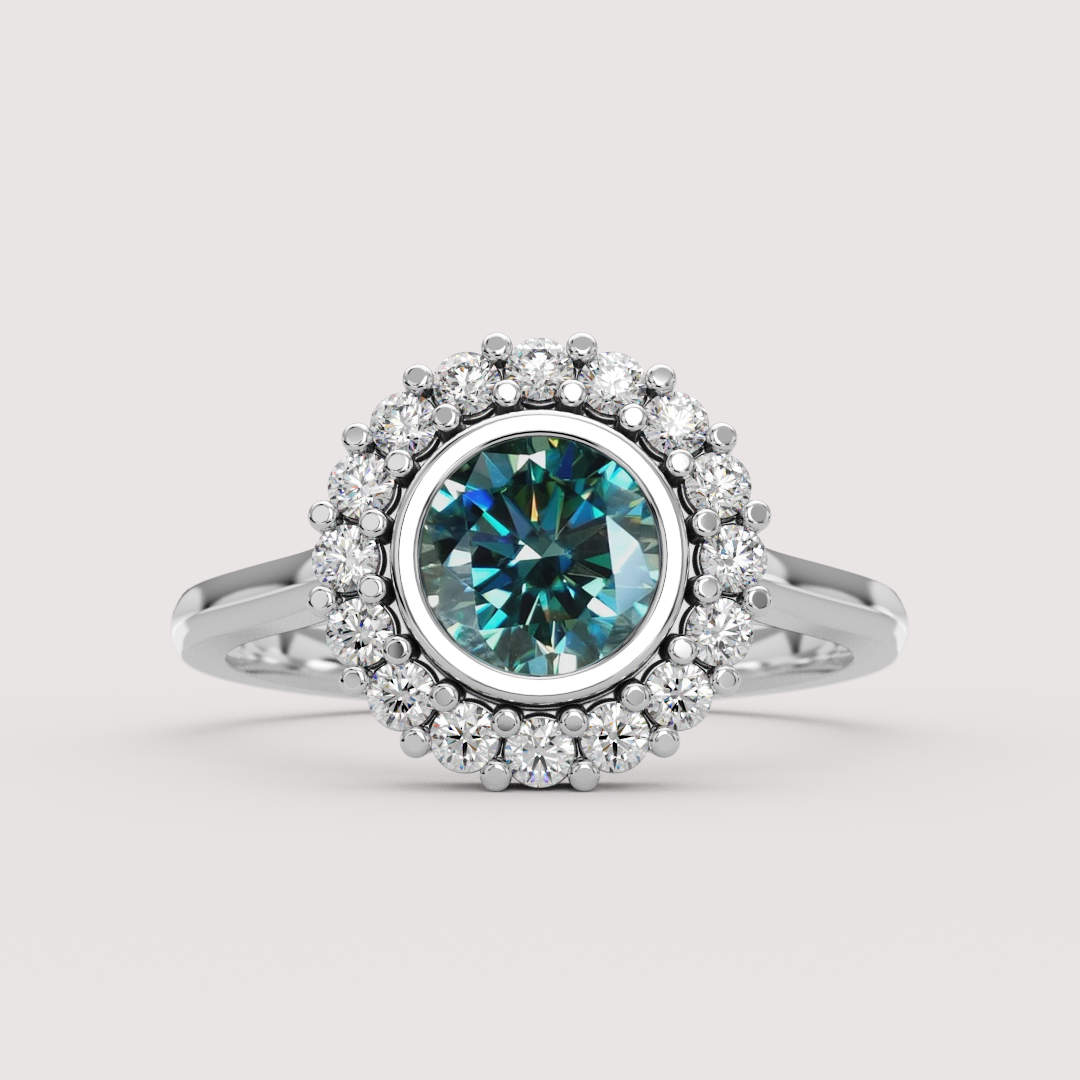 Maisie - Round Teal Moissanite Bezel Set Halo Made-to-Order Engagement Ring Engagement Rings - Made-to-Order