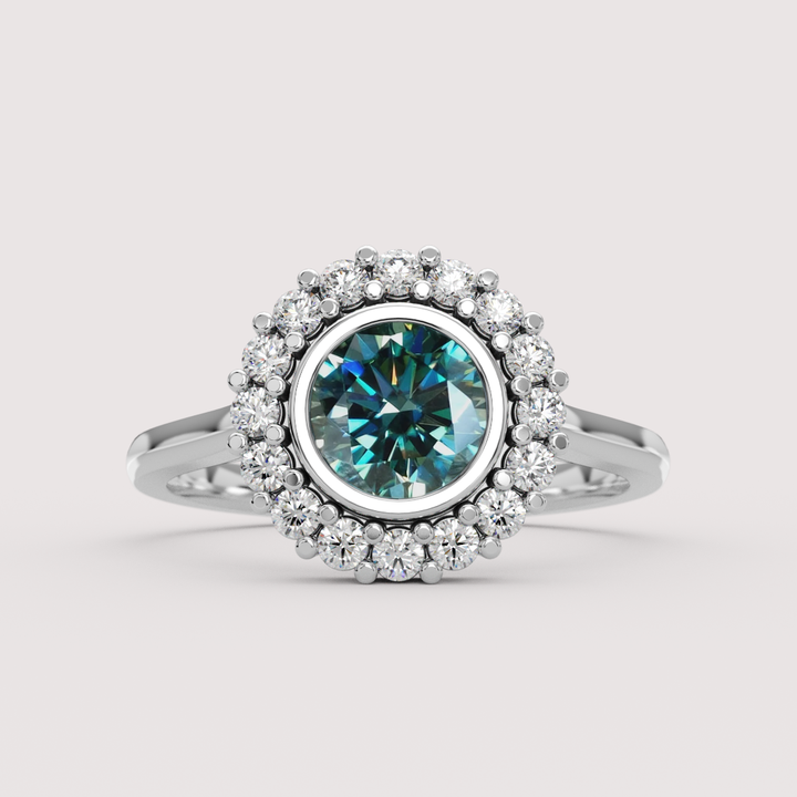 Maisie - Round Teal Moissanite Bezel Set Halo Made-to-Order Engagement Ring Engagement Rings - Made-to-Order