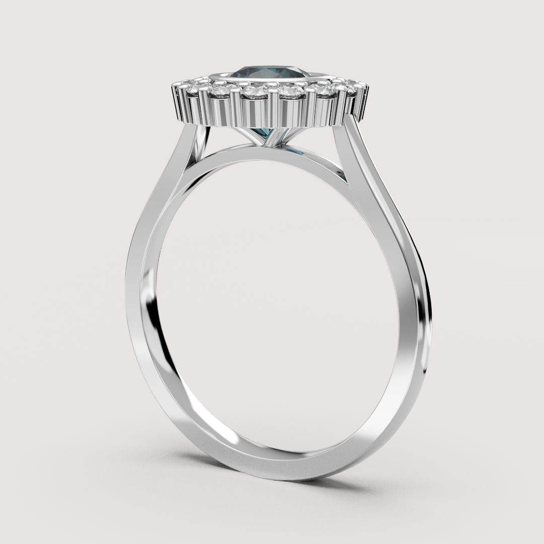 Maisie - Round Teal Moissanite Bezel Set Halo Made-to-Order Engagement Ring Engagement Rings - Made-to-Order